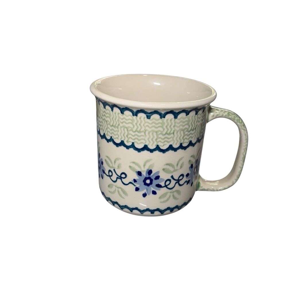 Boleslawiec Polish Pottery Floral Coffee Tea Mug Hand Made Blue Green